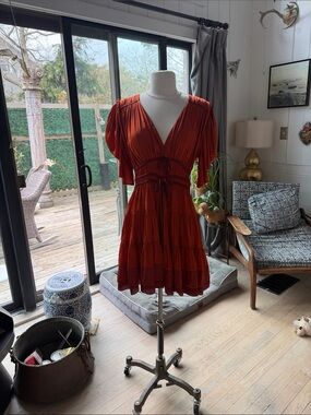 Ulla Johnson Rust Red Tiered V-Neck Mini Dress